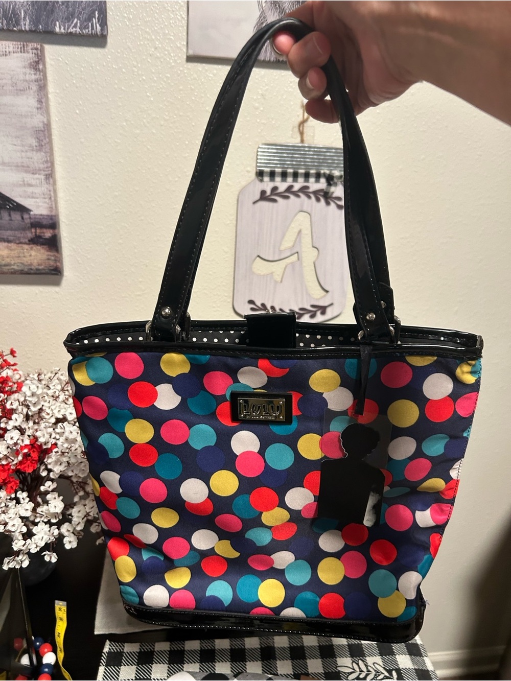Lulu Guinness Colorful Polka Dot Tote Bag with Black Trim NWT *interior flaw